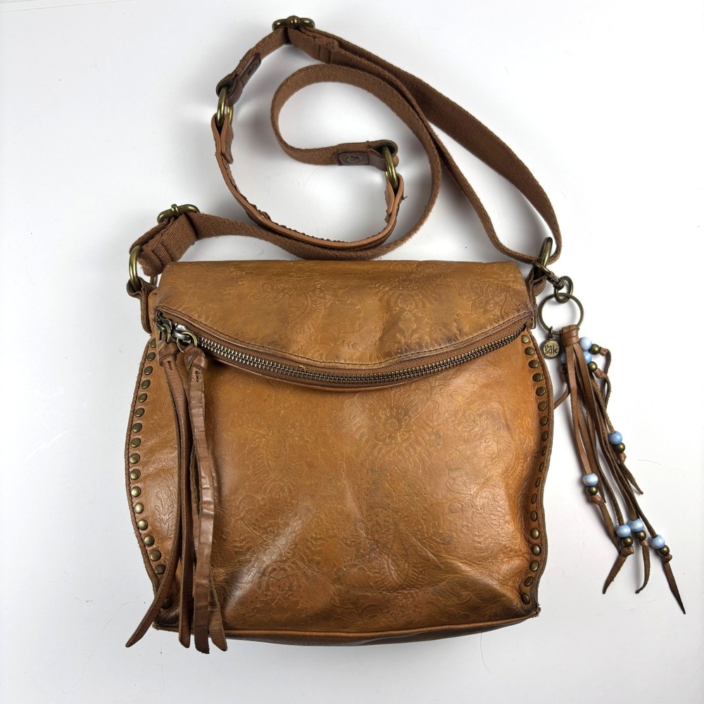 The Sak Silverlake Crossbody Bag Womens Tan Leather Floral Embossed Studded Boho